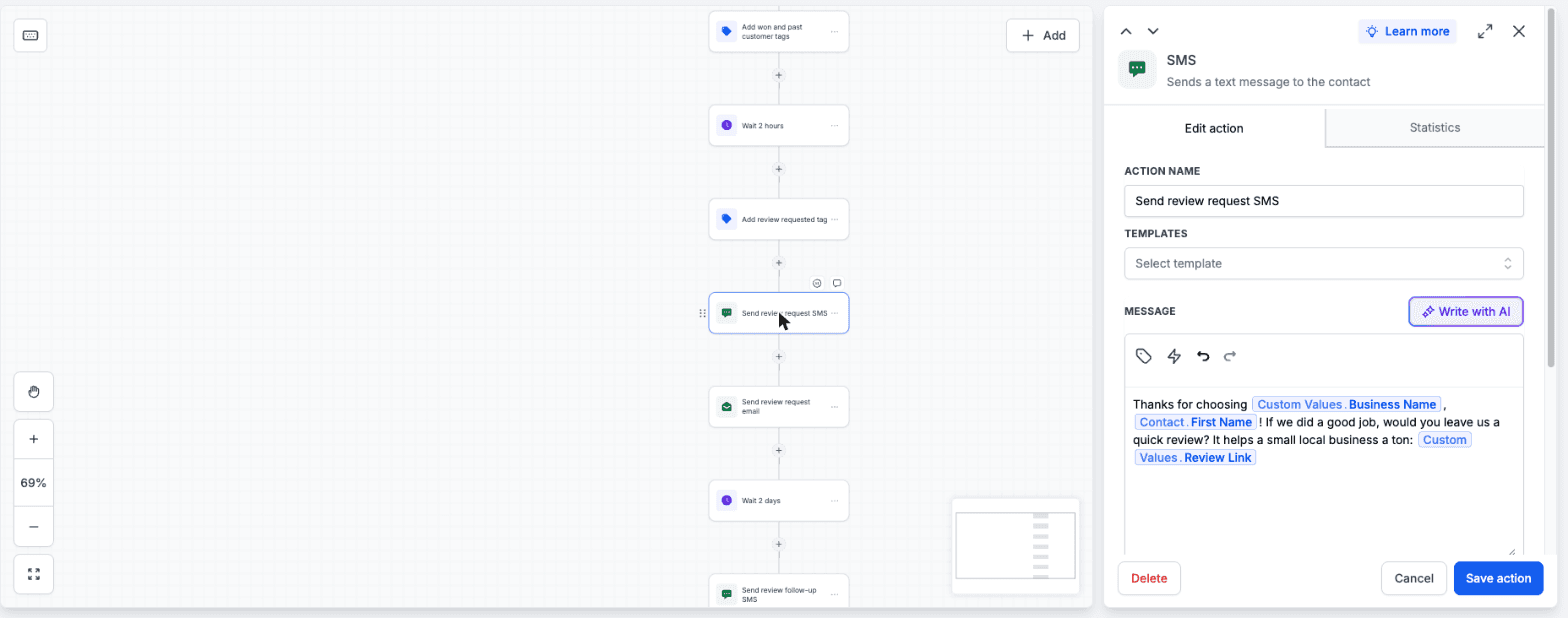 The review request workflow with the review text already written