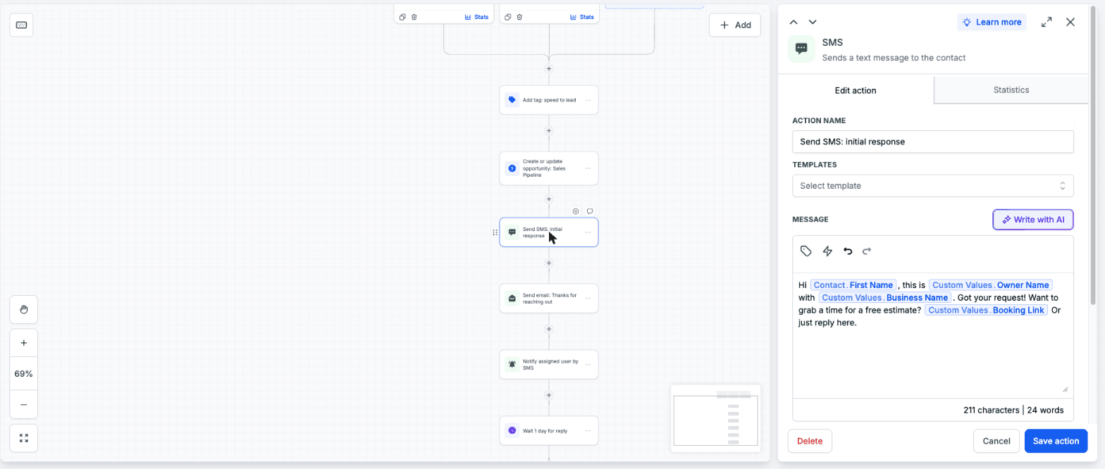 The speed-to-lead workflow inside the CRM, with the first text already written